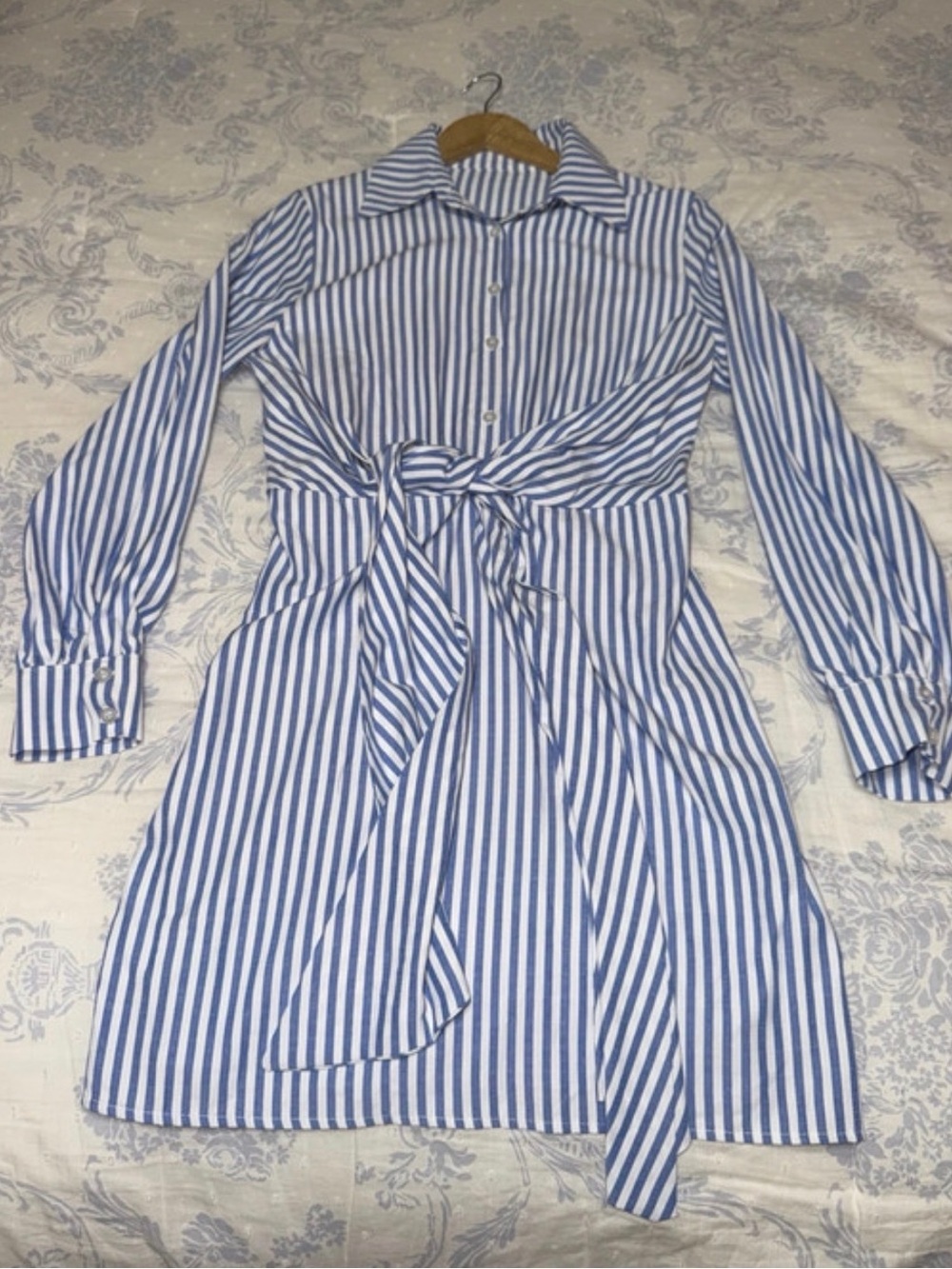 Zara Blue & White Striped Button-Front Shirt Dress with Tie Waist